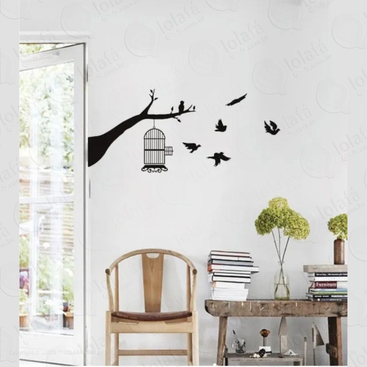 adesivo decorativo parede galhos pássaros gaiola passarinhos mod:544
