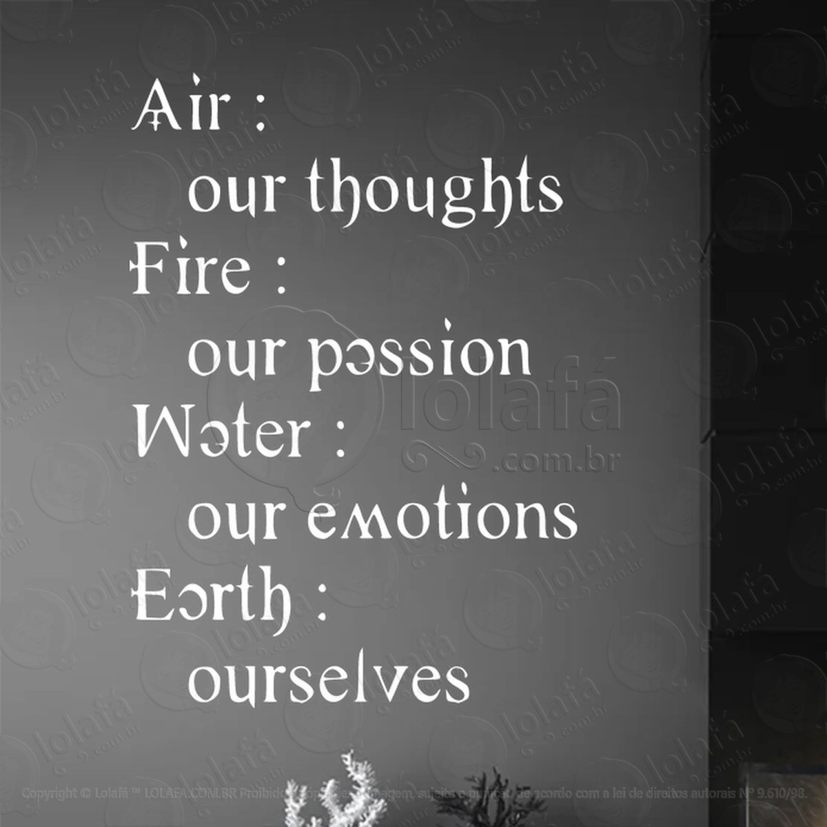 frase ar fogo Água e terra air our thougths adesivos para altar ocultista mod:146