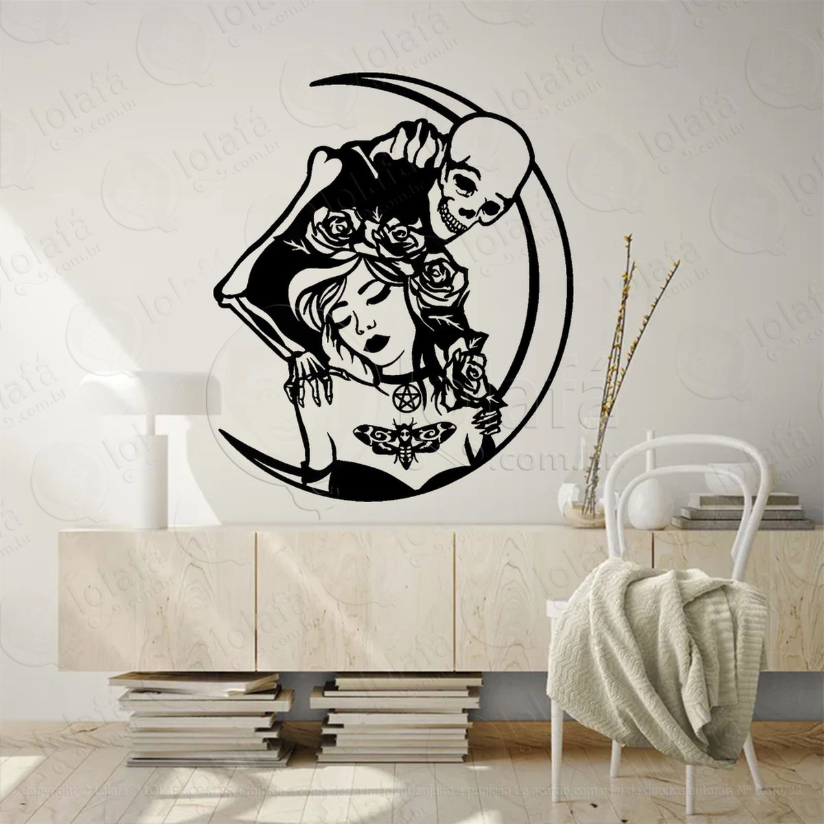 mulher borboleta com caveira amo bruxa adesivo de parede decorativo para casa, sala, quarto, vidro e altar ocultista mod:300