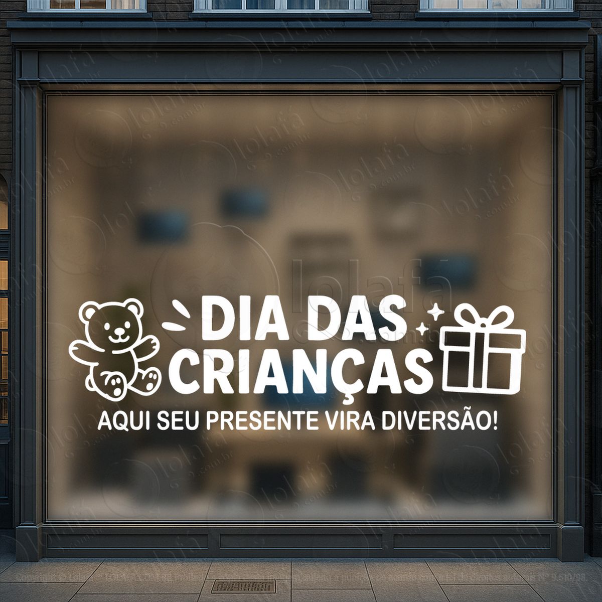 aqui presente vira diversão adesivos para vitrine dia das crianças mod:93