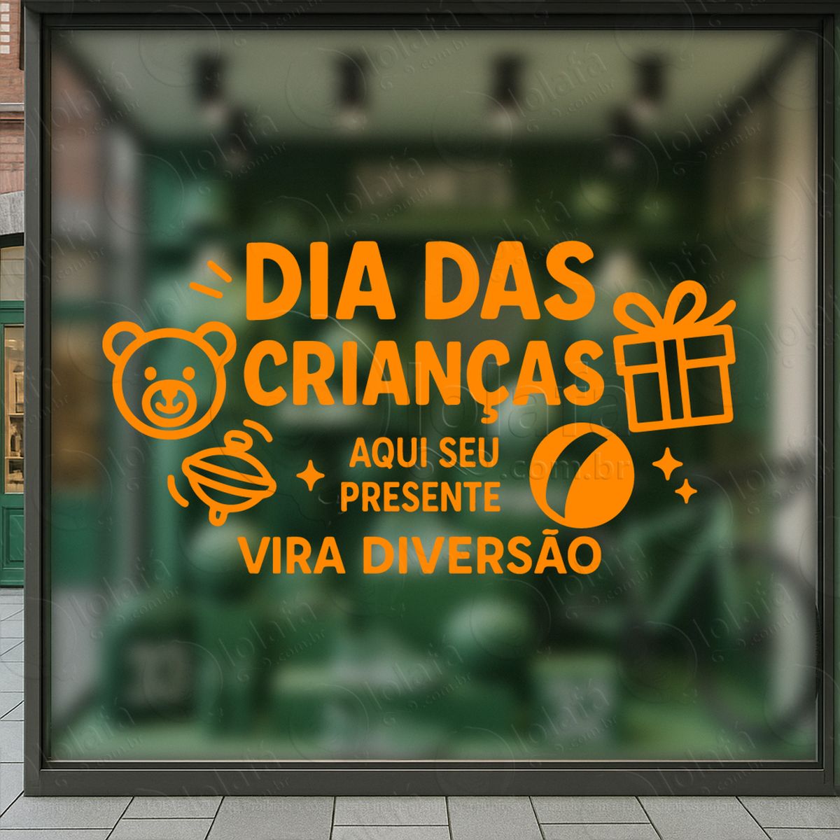 aqui seu presente vira diversão adesivos para vitrine dia das crianças mod:95