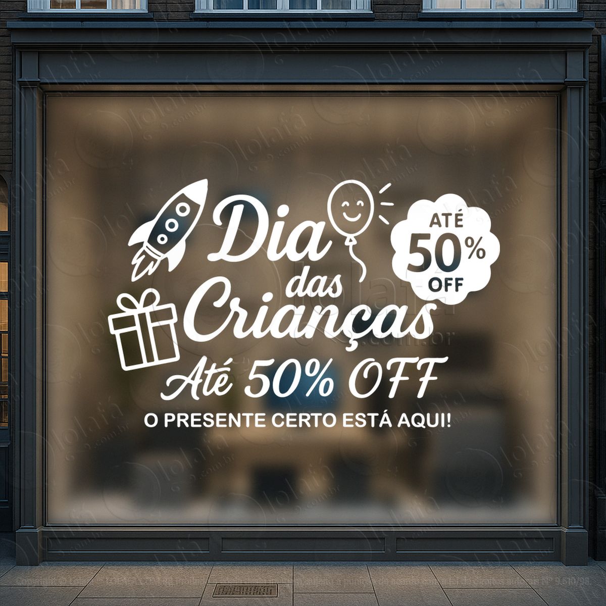 até 50% off o presente certo está aqui adesivos para vitrine dia das crianças mod:120