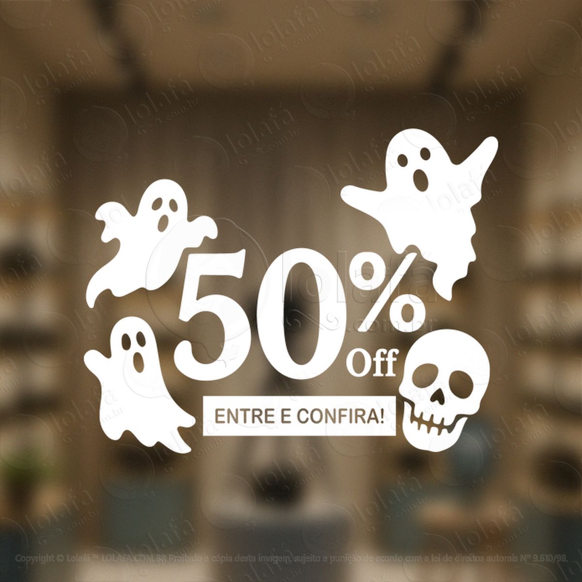 promoção loja 50% off entre e confira adesivos para vitrine halloween mod:175