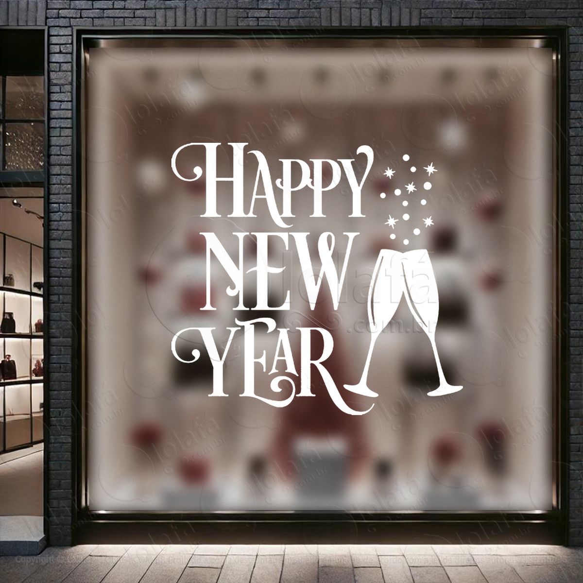 frase happy new year e taças adesivos de natal mod:380