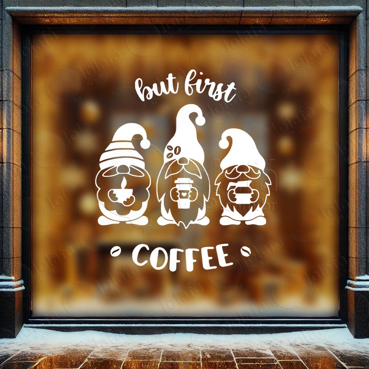 gnomos e frase but first coffee adesivos de natal mod:627