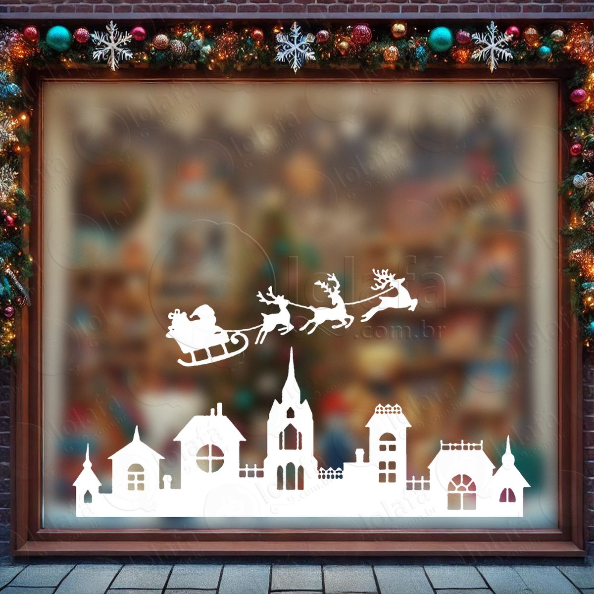 trenó do noel voando na cidade adesivos de natal mod:690