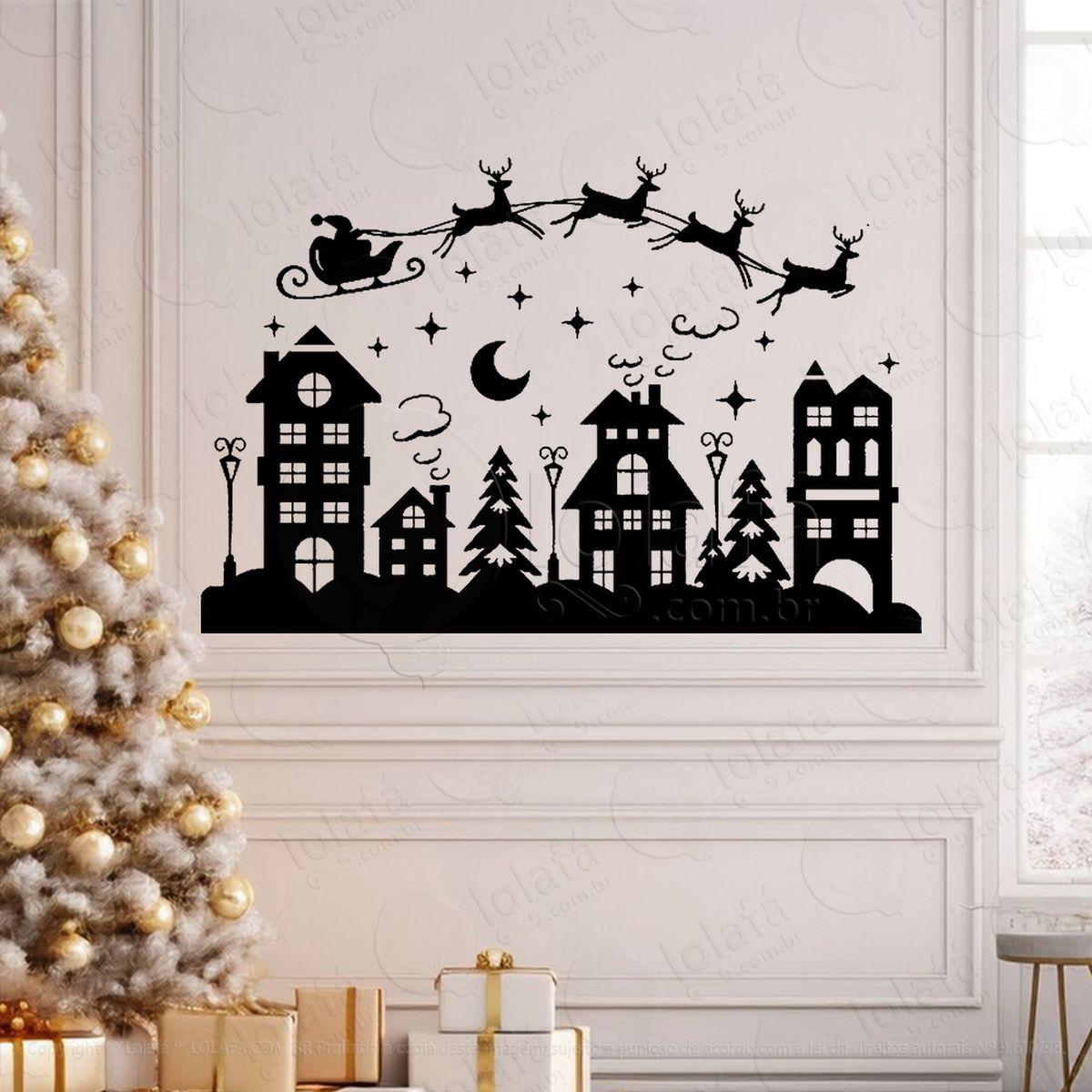 trenó do noel voando na cidade adesivos de natal mod:696