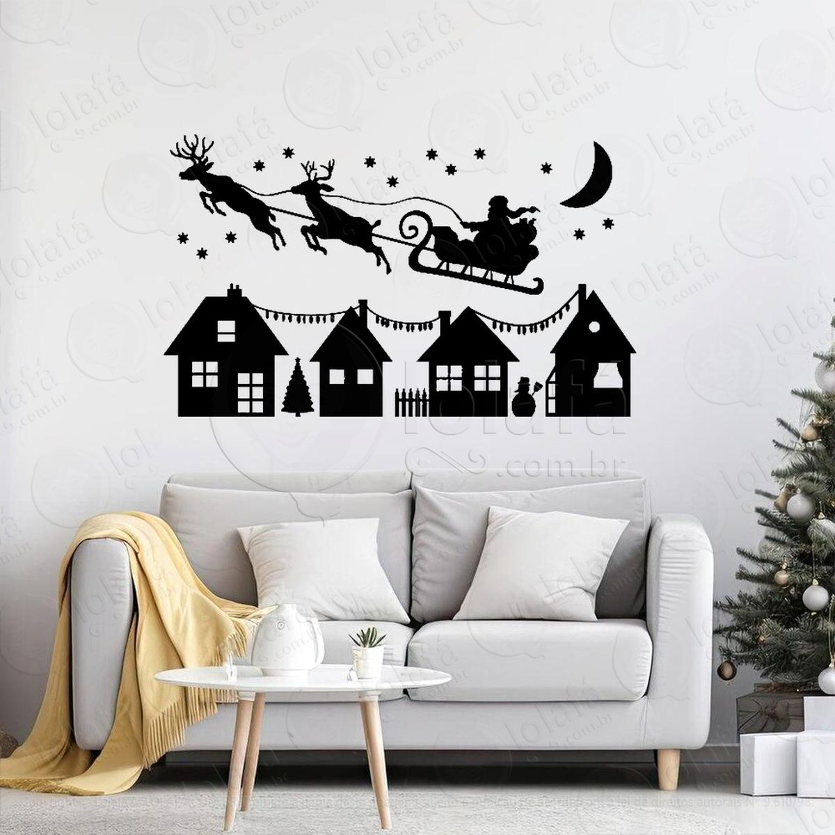 trenó do noel voando na cidade adesivos de natal mod:702