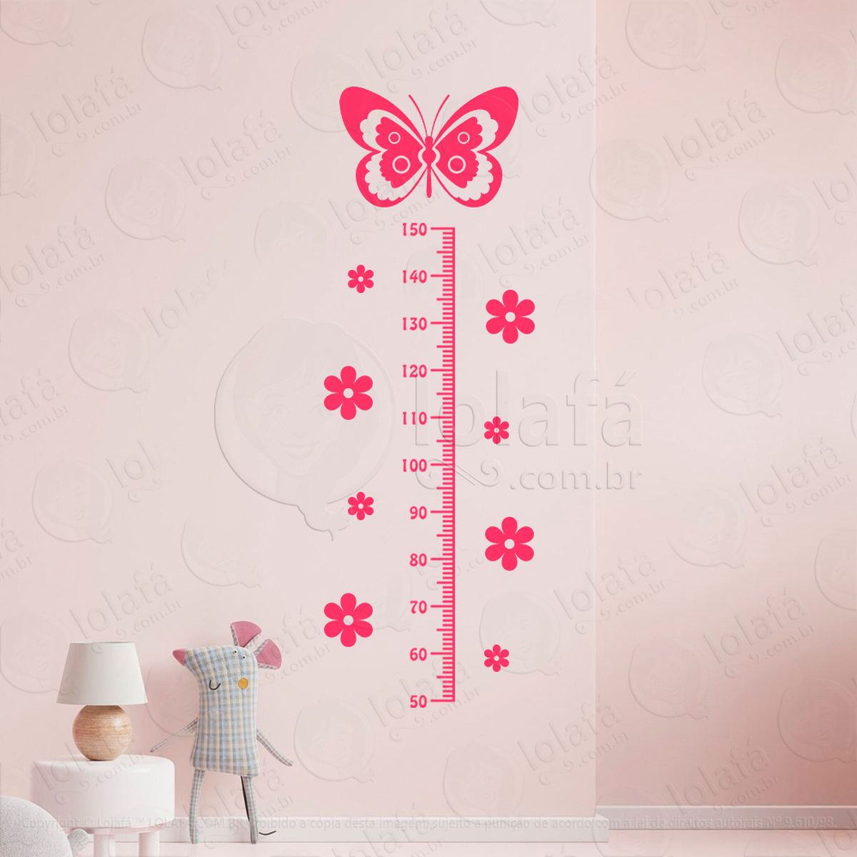 borboleta e flores adesivo régua de crescimento infantil, medidor de altura para quarto, porta e parede mod:5