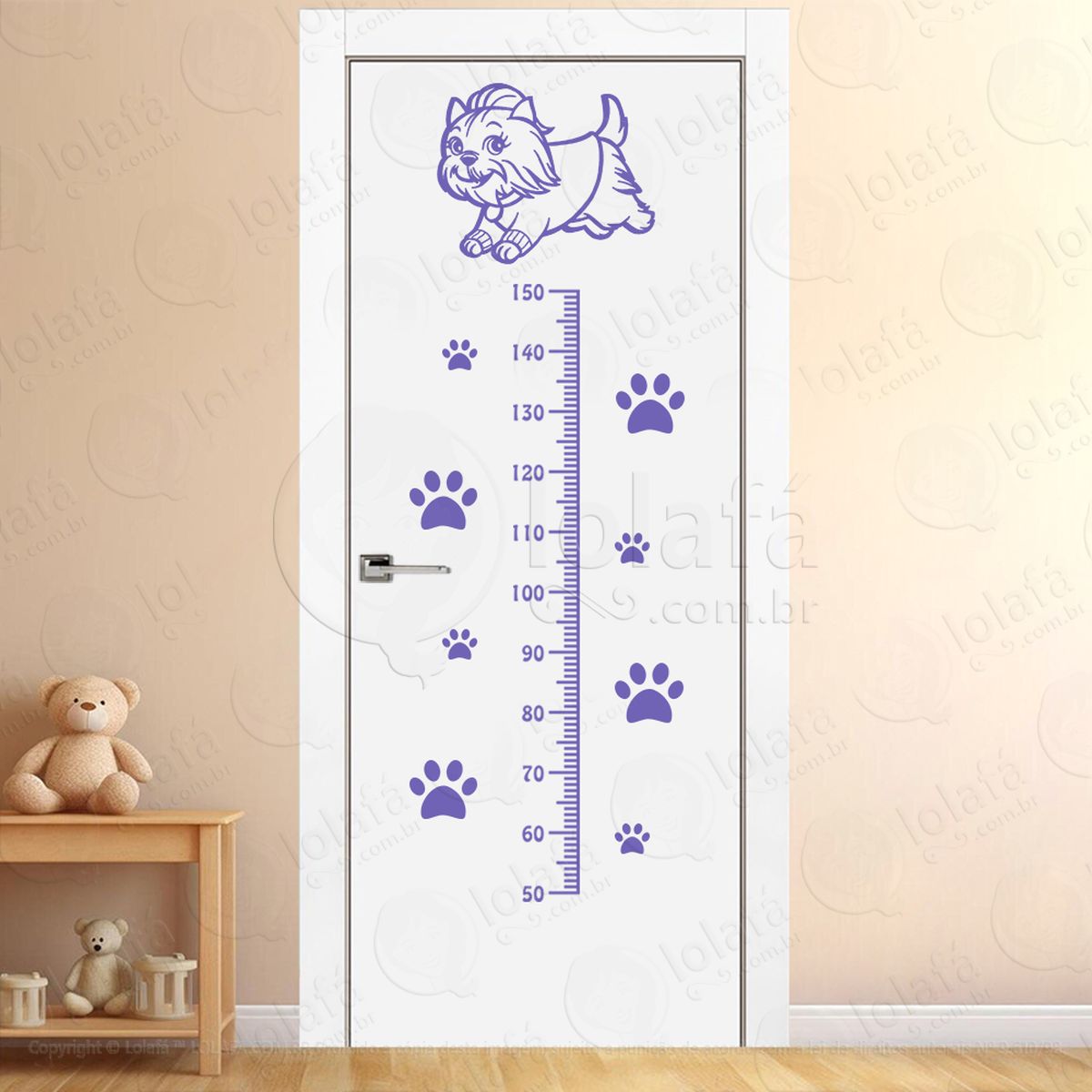 cachorro e patas adesivo régua de crescimento infantil, medidor de altura para quarto, porta e parede mod:11