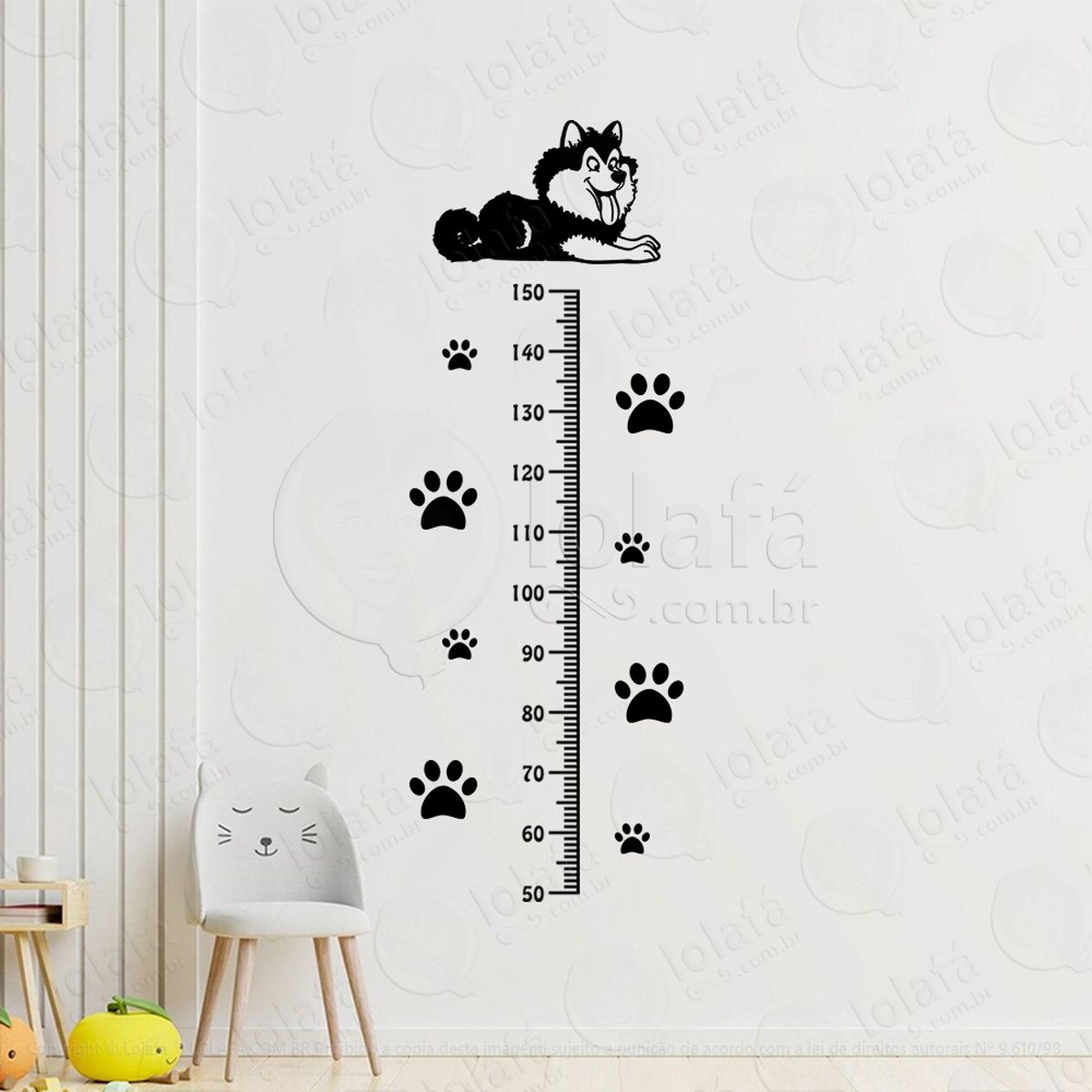 cachorro e patas adesivo régua de crescimento infantil, medidor de altura para quarto, porta e parede mod:17