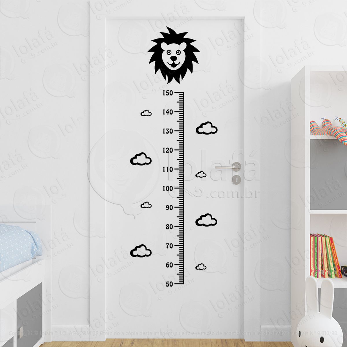 leão e nuvens adesivo régua de crescimento infantil, medidor de altura para quarto, porta e parede mod:69