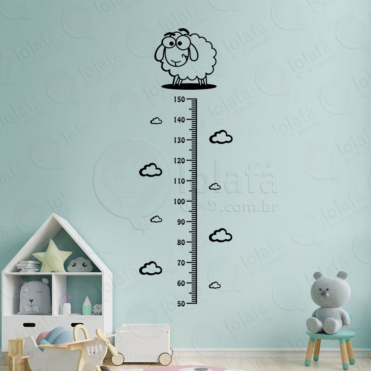 Ovelha e Nuvens Adesivo Régua de Crescimento Infantil, Medidor de Altura para Quarto, Porta e Parede - Mod:82