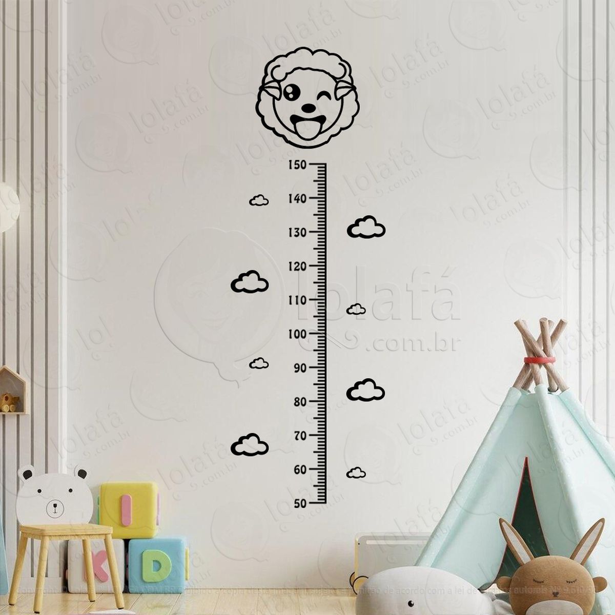 ovelha e nuvens adesivo régua de crescimento infantil, medidor de altura para quarto, porta e parede mod:84