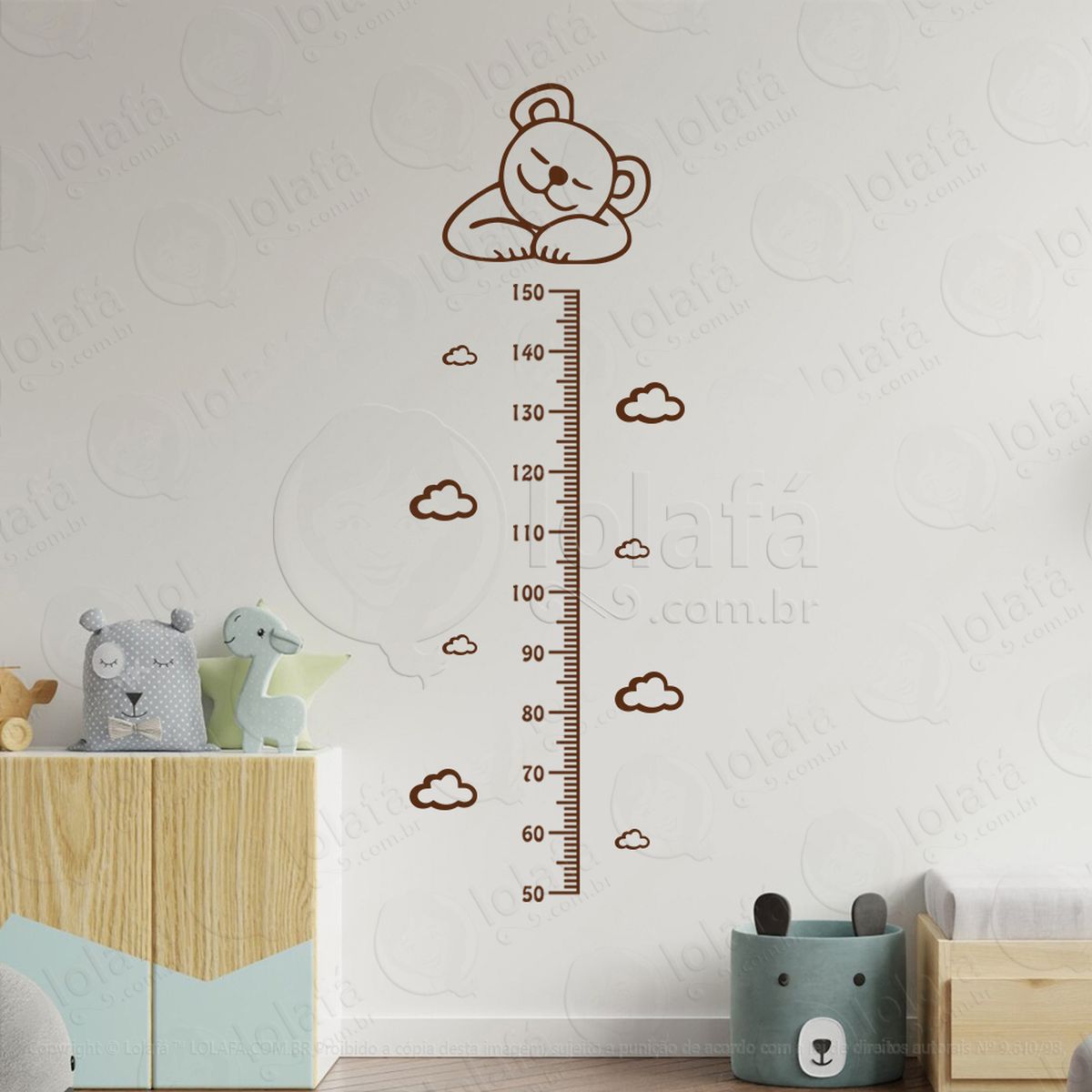 urso e nuvens adesivo régua de crescimento infantil, medidor de altura para quarto, porta e parede mod:100