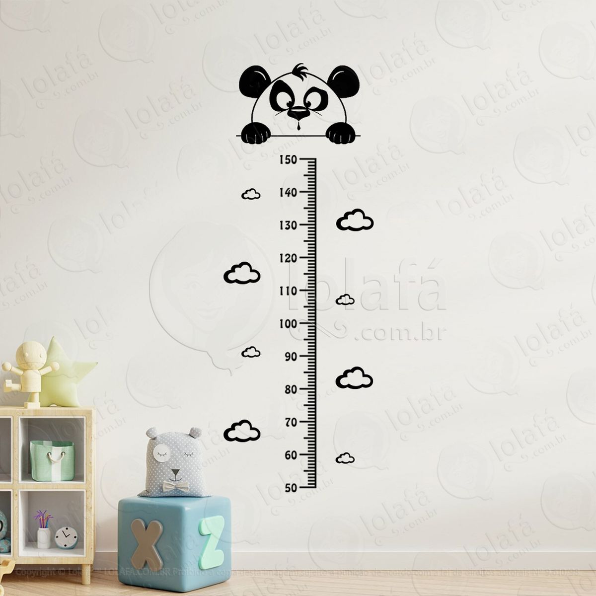 urso panda e nuvens adesivo régua de crescimento infantil, medidor de altura para quarto, porta e parede mod:105