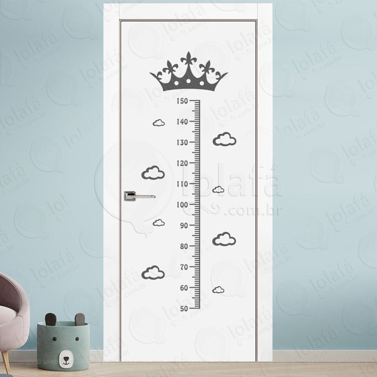 coroa e nuvens adesivo régua de crescimento infantil, medidor de altura para quarto, porta e parede mod:145