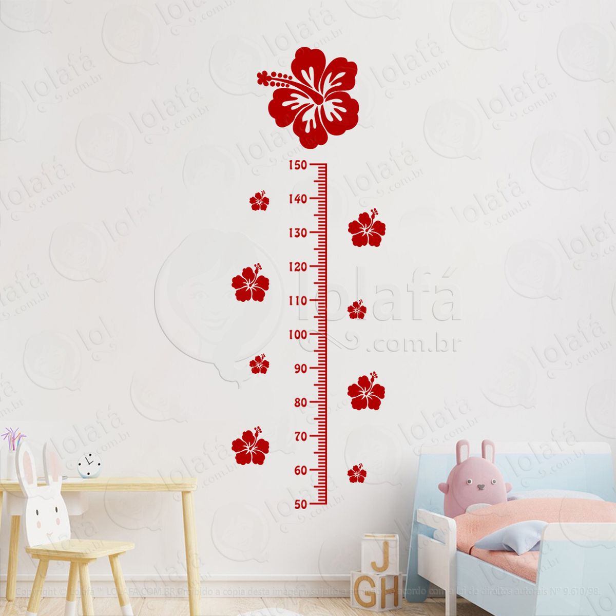 flor e flores adesivo régua de crescimento infantil, medidor de altura para quarto, porta e parede mod:148