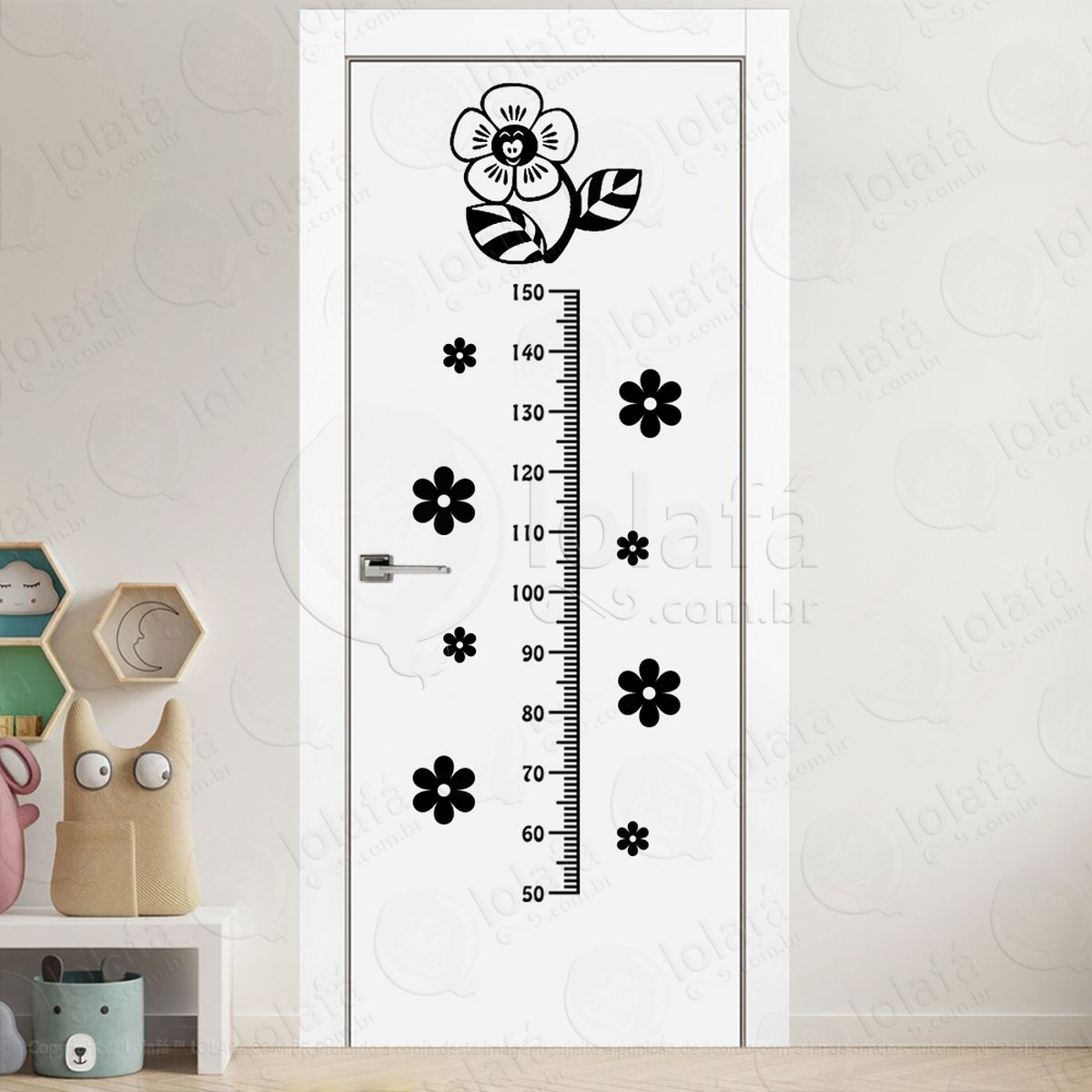 flor e flores adesivo régua de crescimento infantil, medidor de altura para quarto, porta e parede mod:152