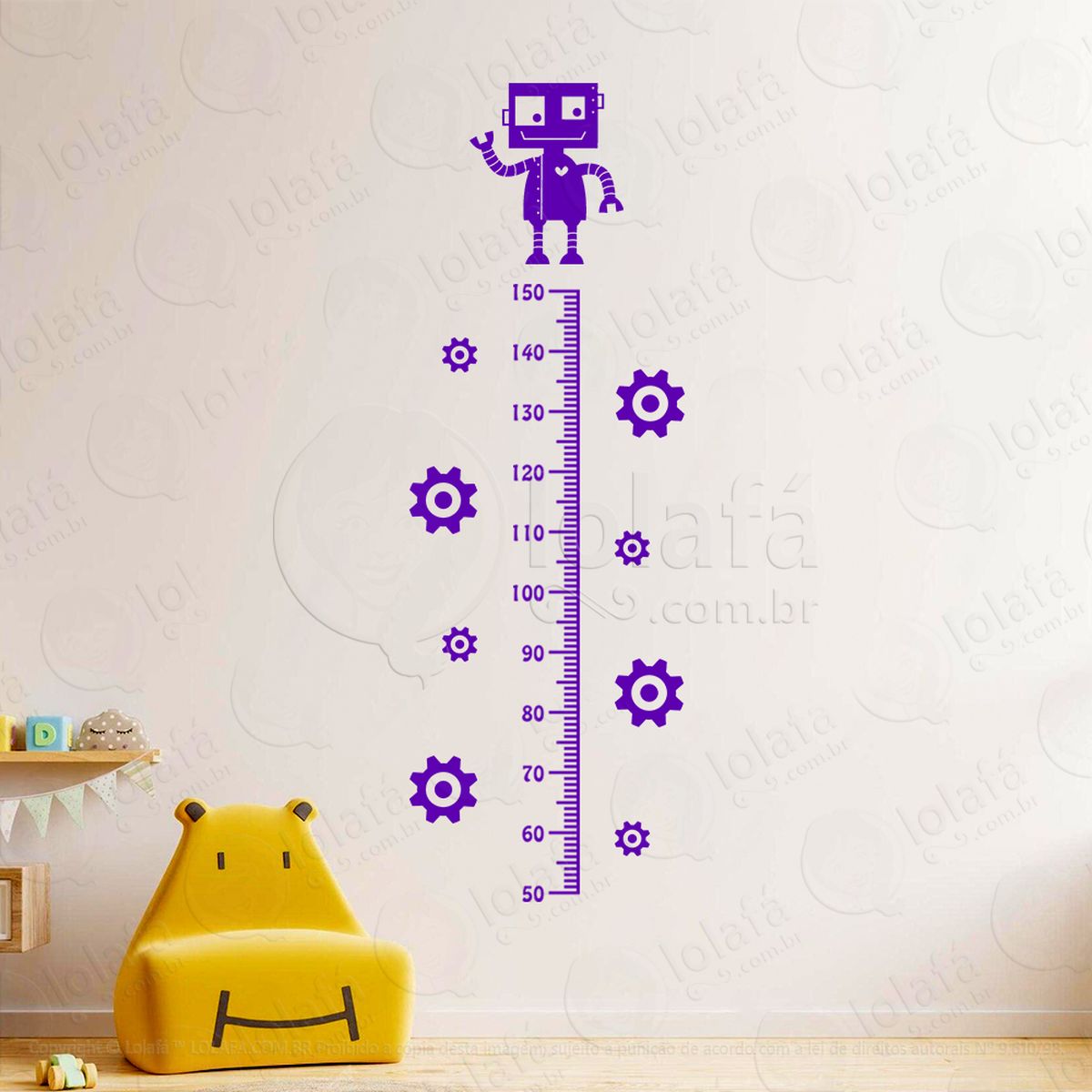 robô e engrenagens adesivo régua de crescimento infantil, medidor de altura para quarto, porta e parede mod:181