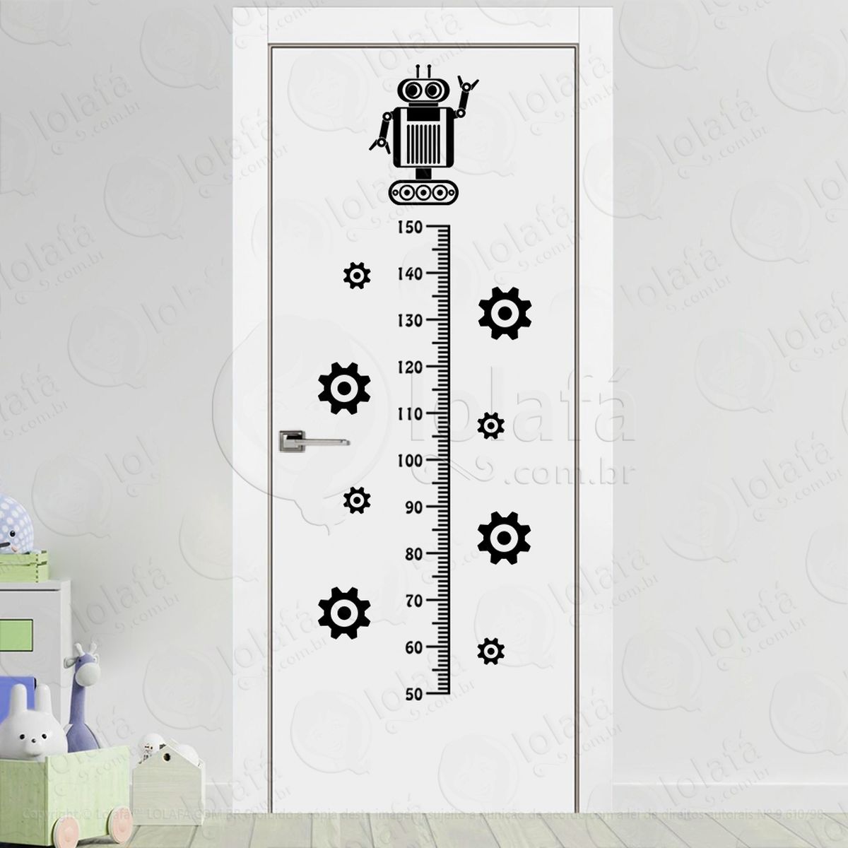 Robô e Engrenagens Adesivo Régua de Crescimento Infantil, Medidor de Altura para Quarto, Porta e Parede - Mod:184