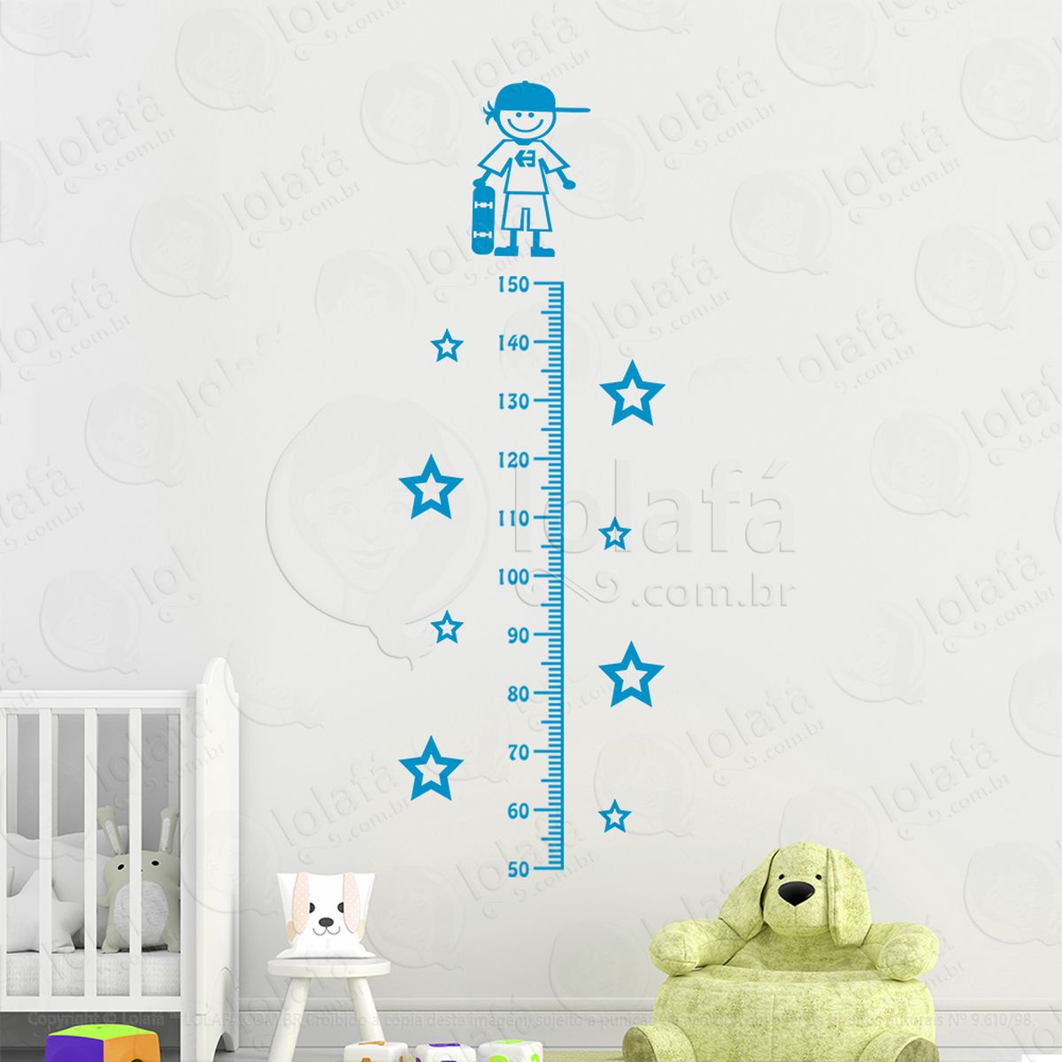 Skatista e Estrelas Adesivo Régua de Crescimento Infantil, Medidor de Altura para Quarto, Porta e Parede - Mod:208