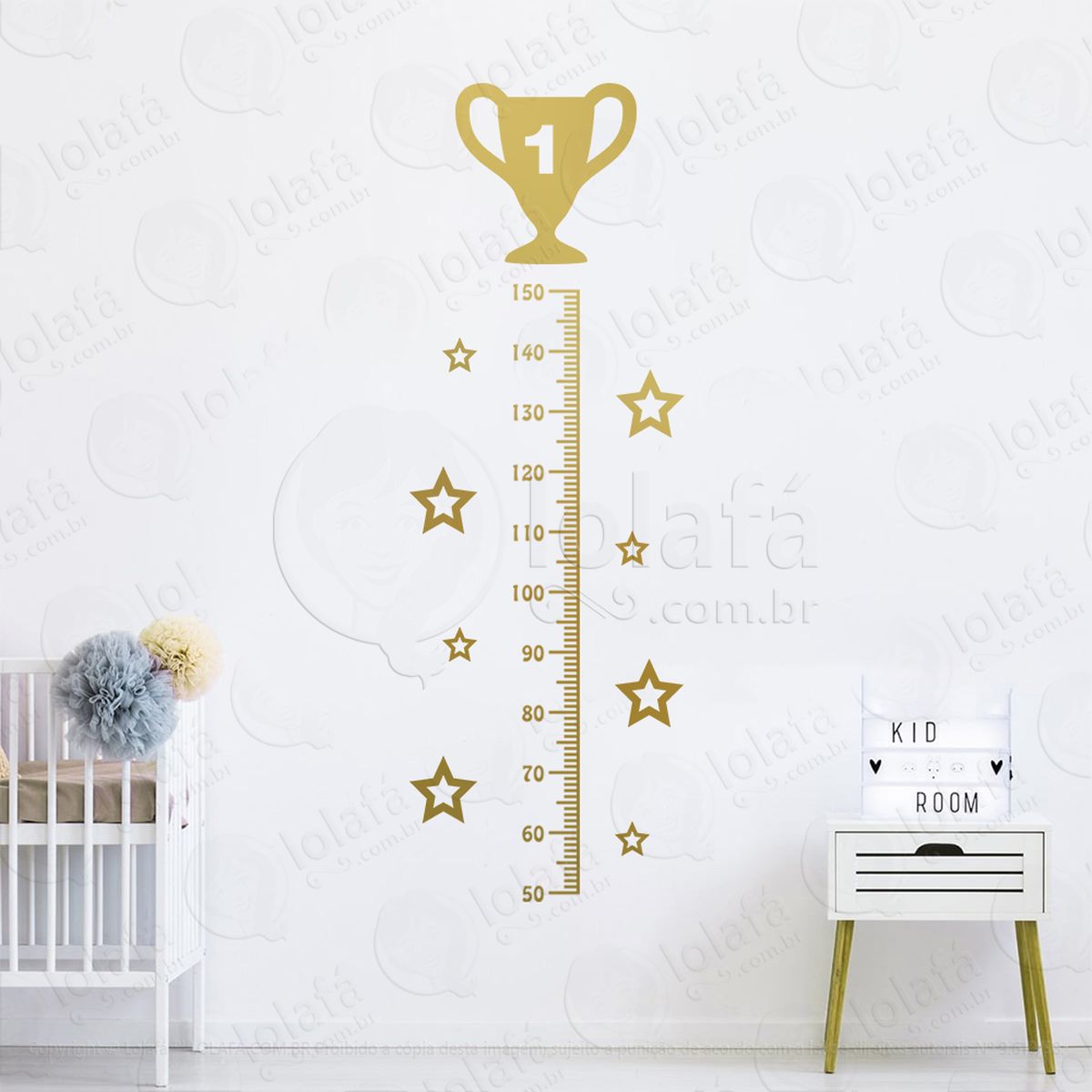 troféu campeão e estrelas adesivo régua de crescimento infantil, medidor de altura para quarto, porta e parede mod:209