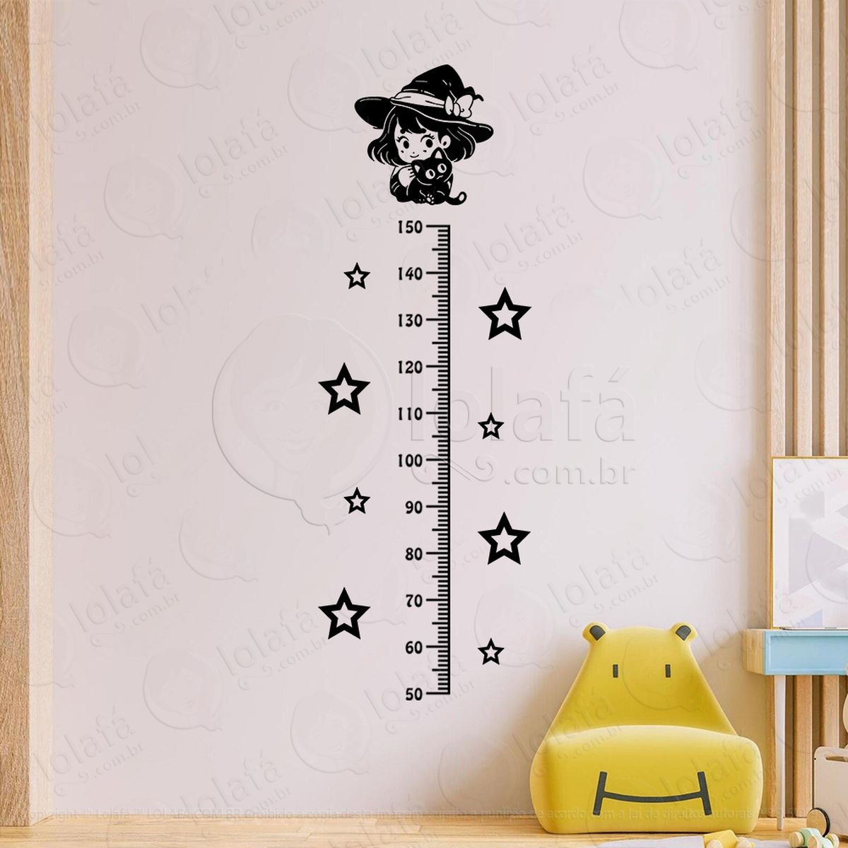 bruxinha com gato e estrelas régua de crescimento mod:216