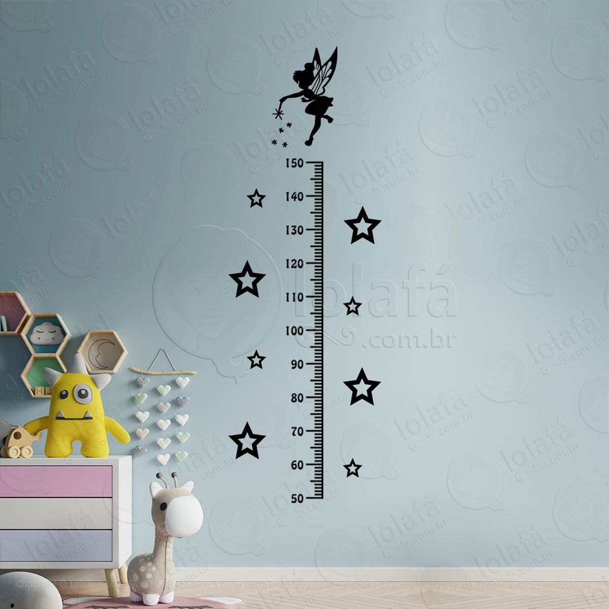 fada e estrelas adesivo régua de crescimento infantil, medidor de altura para quarto, porta e parede mod:224