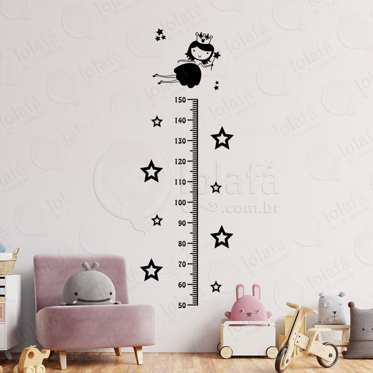 fada e estrelas adesivo régua de crescimento infantil, medidor de altura para quarto, porta e parede mod:227