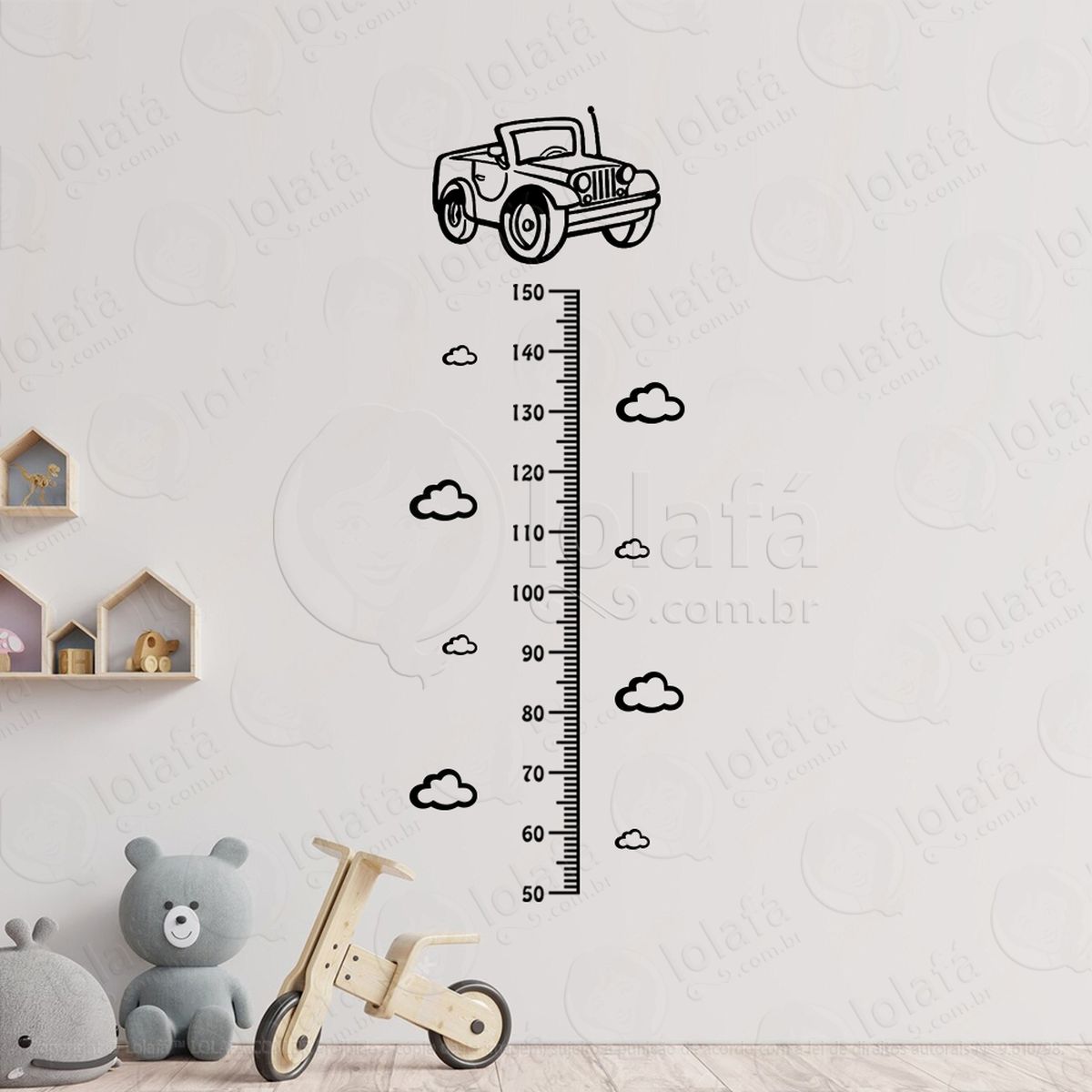 carro e nuvens adesivo régua de crescimento infantil, medidor de altura para quarto, porta e parede mod:314