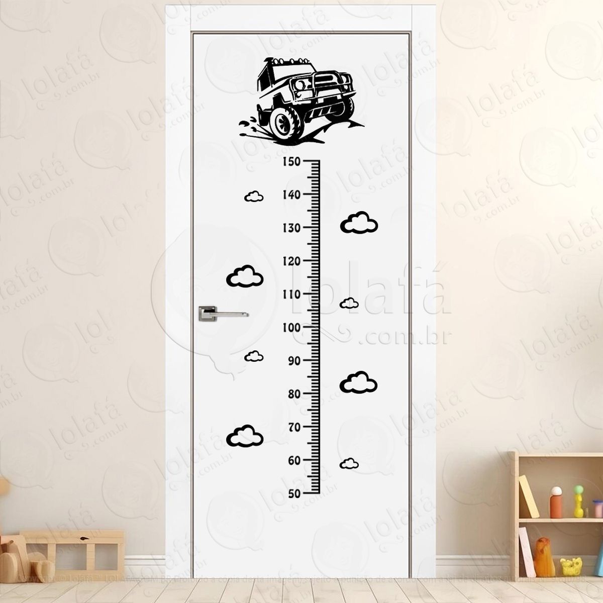 Carro e Nuvens Adesivo Régua de Crescimento Infantil, Medidor de Altura para Quarto, Porta e Parede - Mod:316