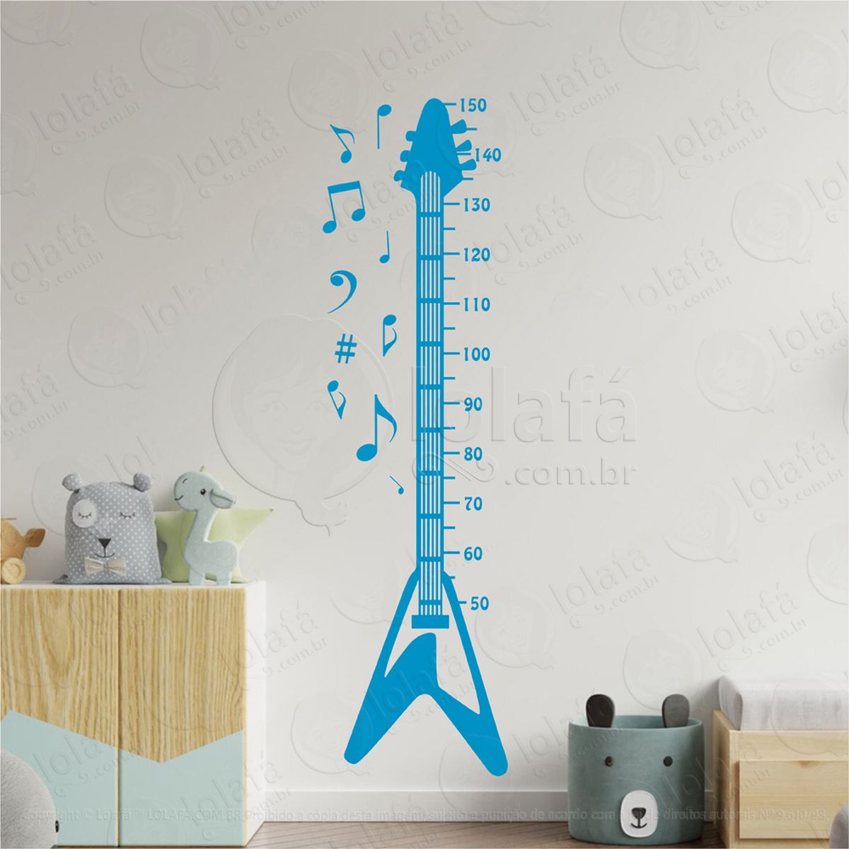guitarra e notas musicais adesivo régua de crescimento infantil, medidor de altura para quarto, porta e parede mod:5