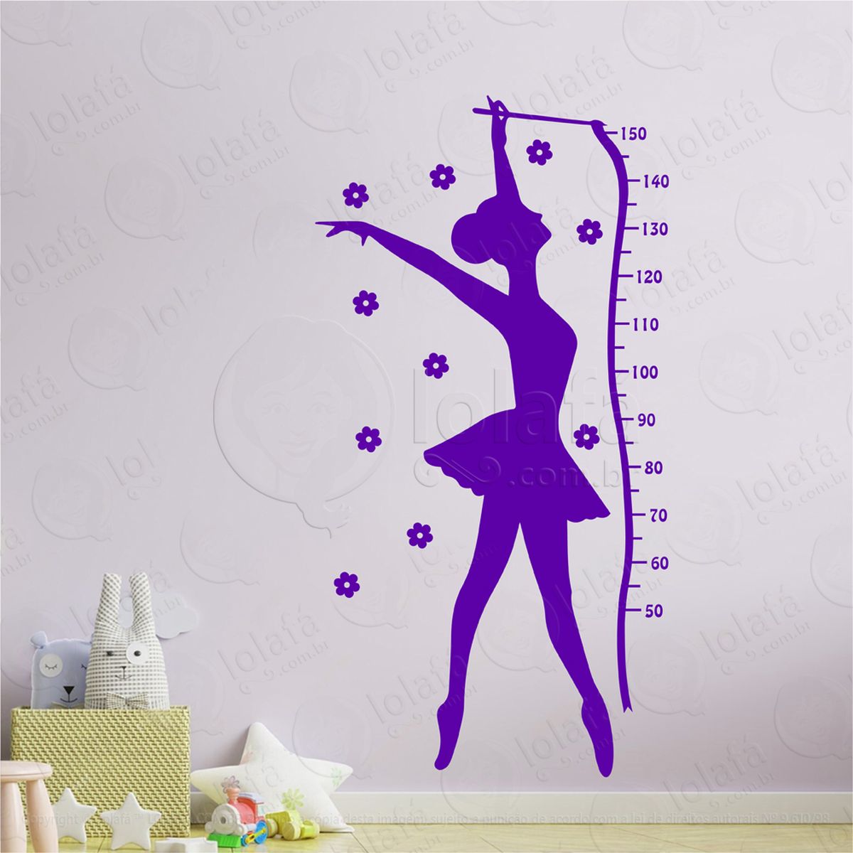 bailarina balé e flores adesivo régua de crescimento infantil, medidor de altura para quarto, porta e parede mod:9