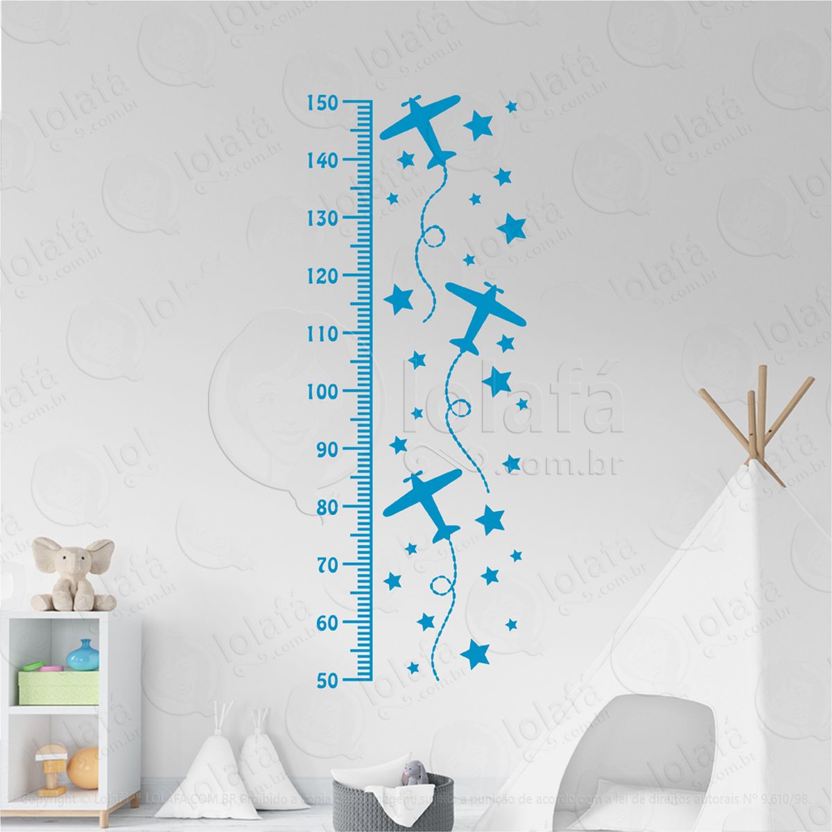 aviões e estrelas adesivo régua de crescimento infantil, medidor de altura para quarto, porta e parede mod:25