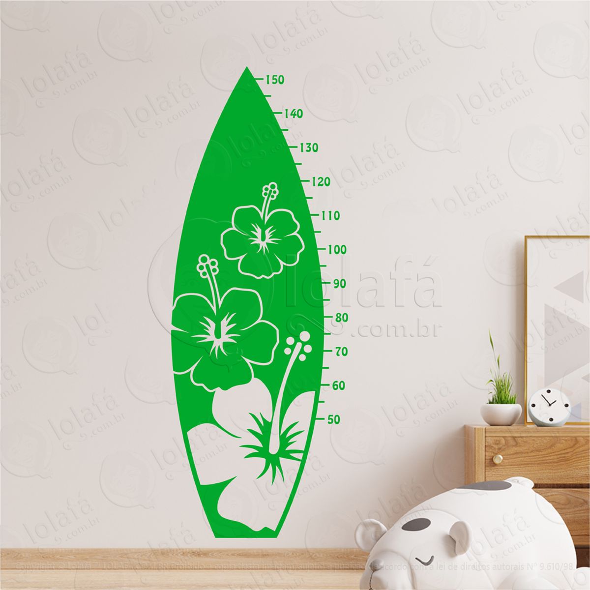 prancha de surf surfista adesivo régua de crescimento infantil, medidor de altura para quarto, porta e parede mod:63