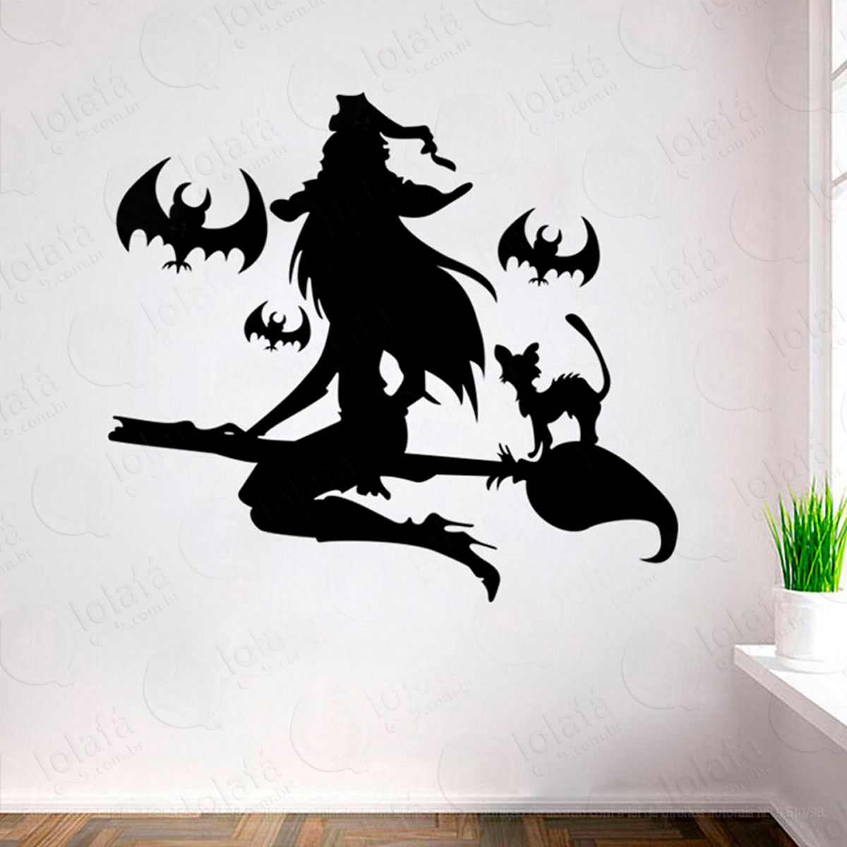 bruxa e gatos na vassoura adesivo de parede decorativo para casa, sala, quarto e vidro mod:13