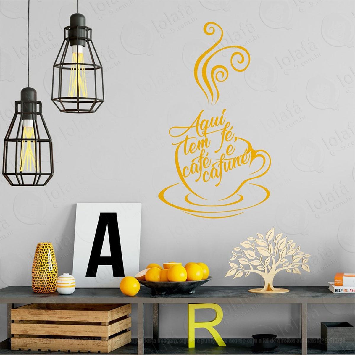 aqui tem fé, café e adesivo de parede frase personalizada para sala, quarto, porta e vidro mod:183