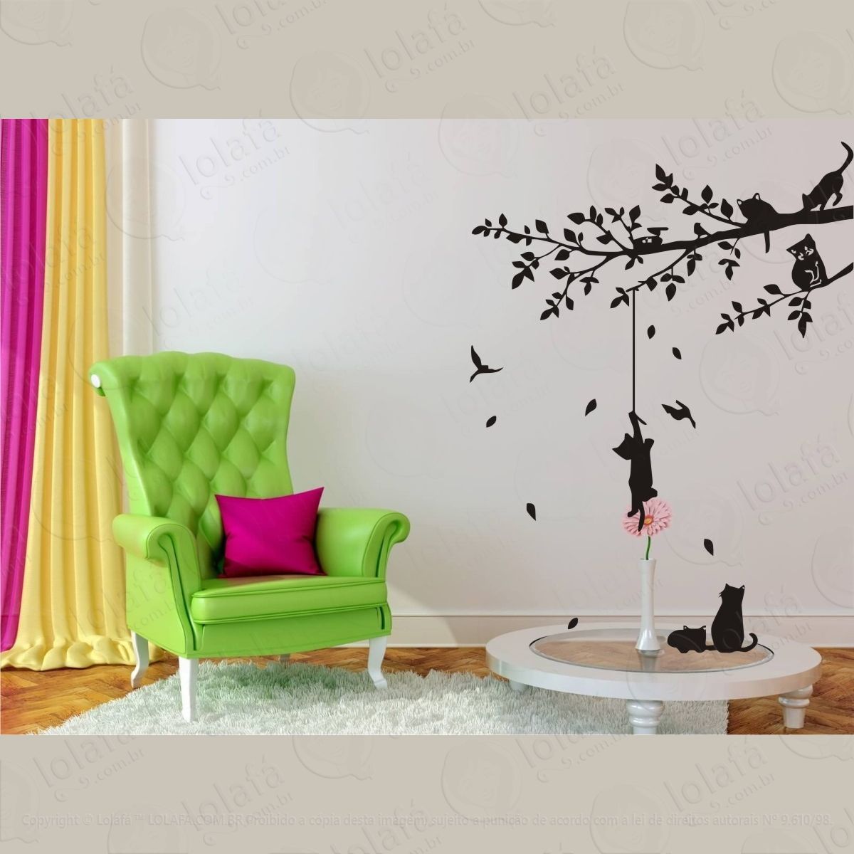 adesivo de parede decorativo gatos brincando na Árvore mod:524