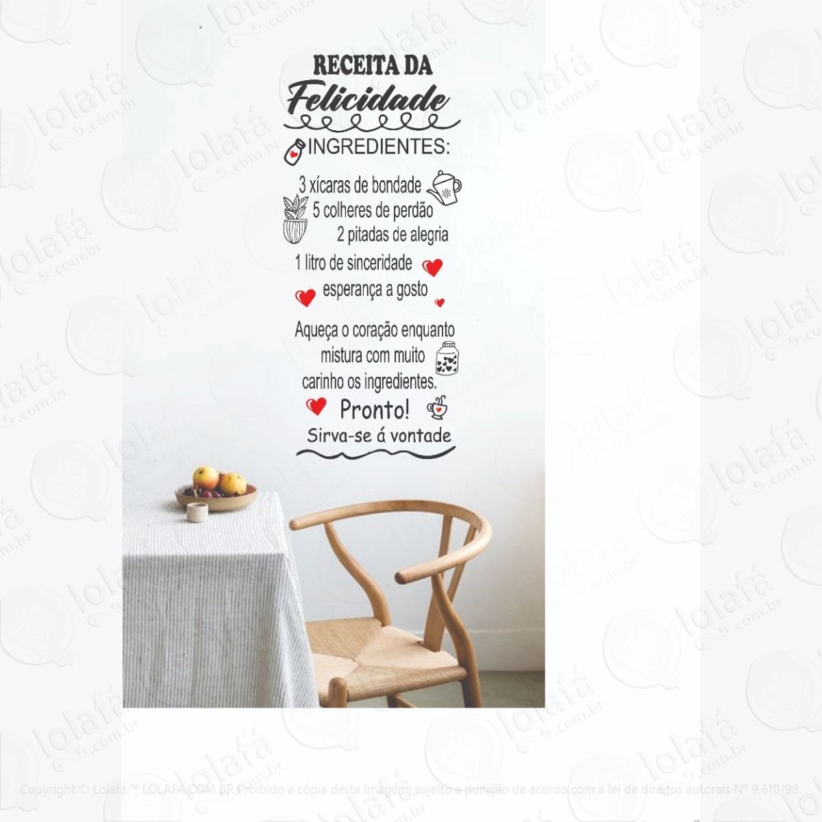 adesivo de parede frase cozinha receita da felicidade mod:1319