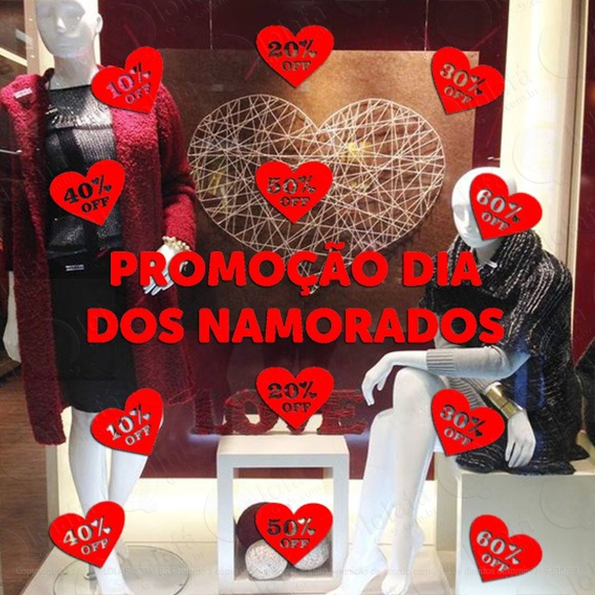 Adesivo Vitrine Promoção Dia Dos Namorados Corações Desconto Mod:1869