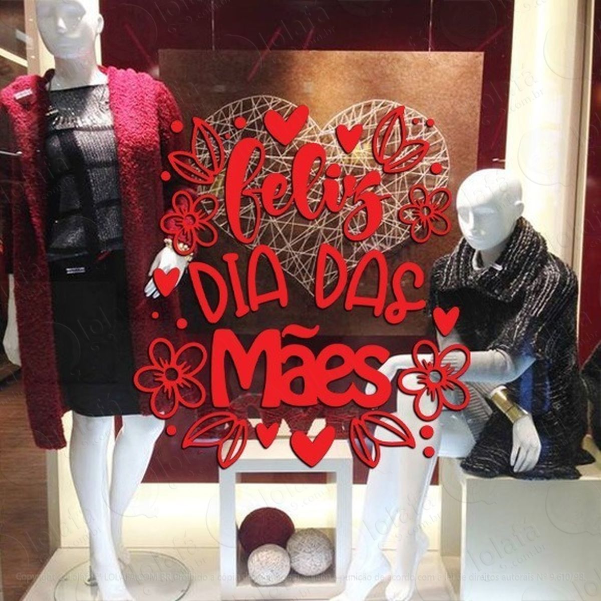 adesivo decorativo vitrine feliz dia das mães flores folhas mod:1932