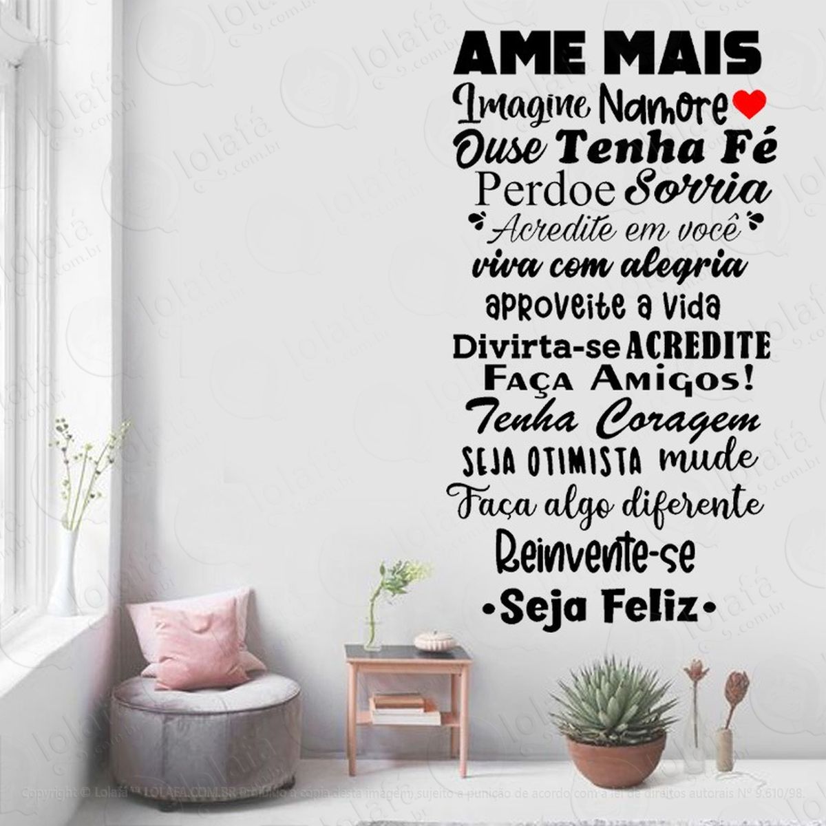 adesivo de parede frase motivacional ame mais seja feliz mod:1942