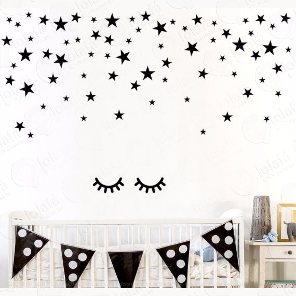 2 pares cílios (30cm cada) + 2 kit estrelas adesivo parede mod:4376