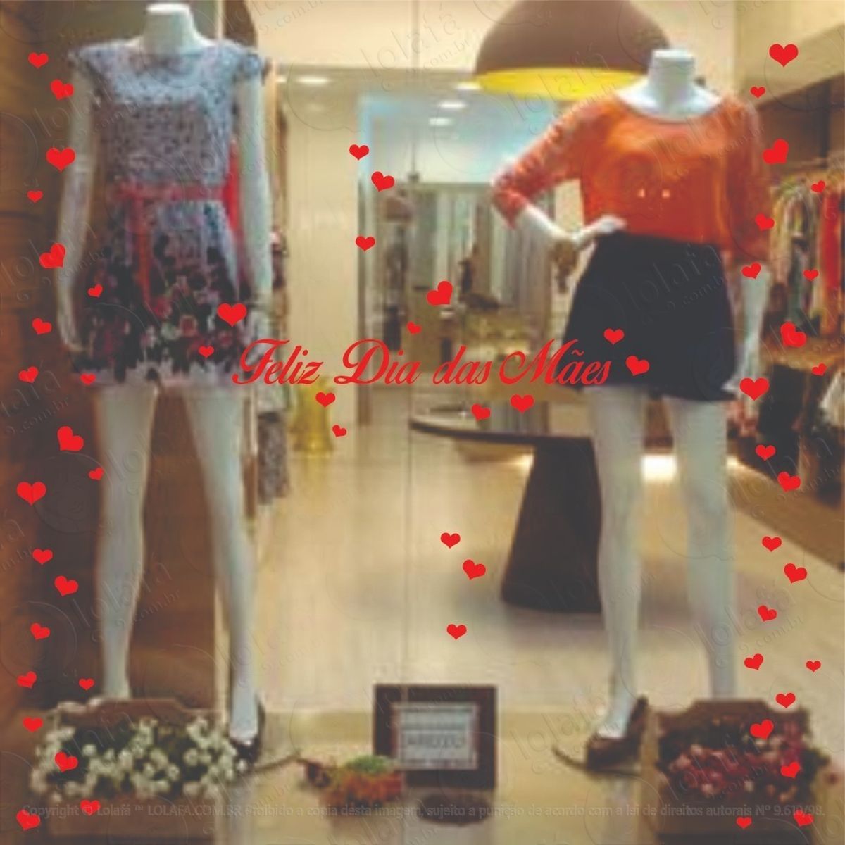 adesivo para vitrine feliz dia das mães + corações decoração mod:5849