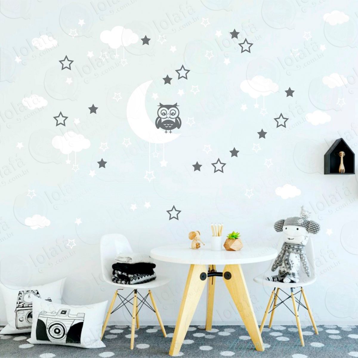 lua nuvens estrelas e coruja adesivos para quarto de bebê mod:179