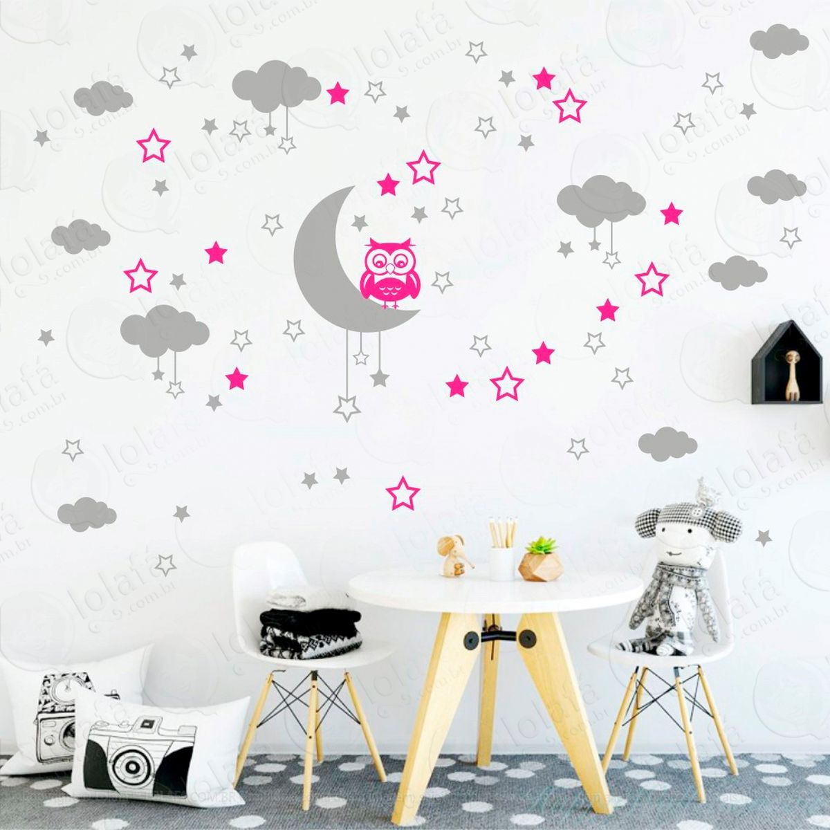 lua nuvens estrelas e coruja adesivos para quarto de bebê mod:182