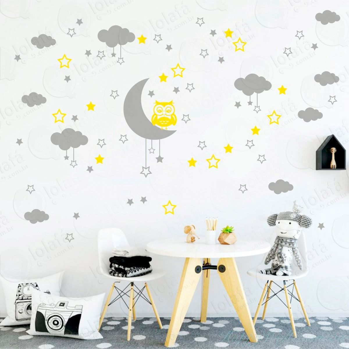 lua nuvens estrelas e coruja adesivos para quarto de bebê mod:186
