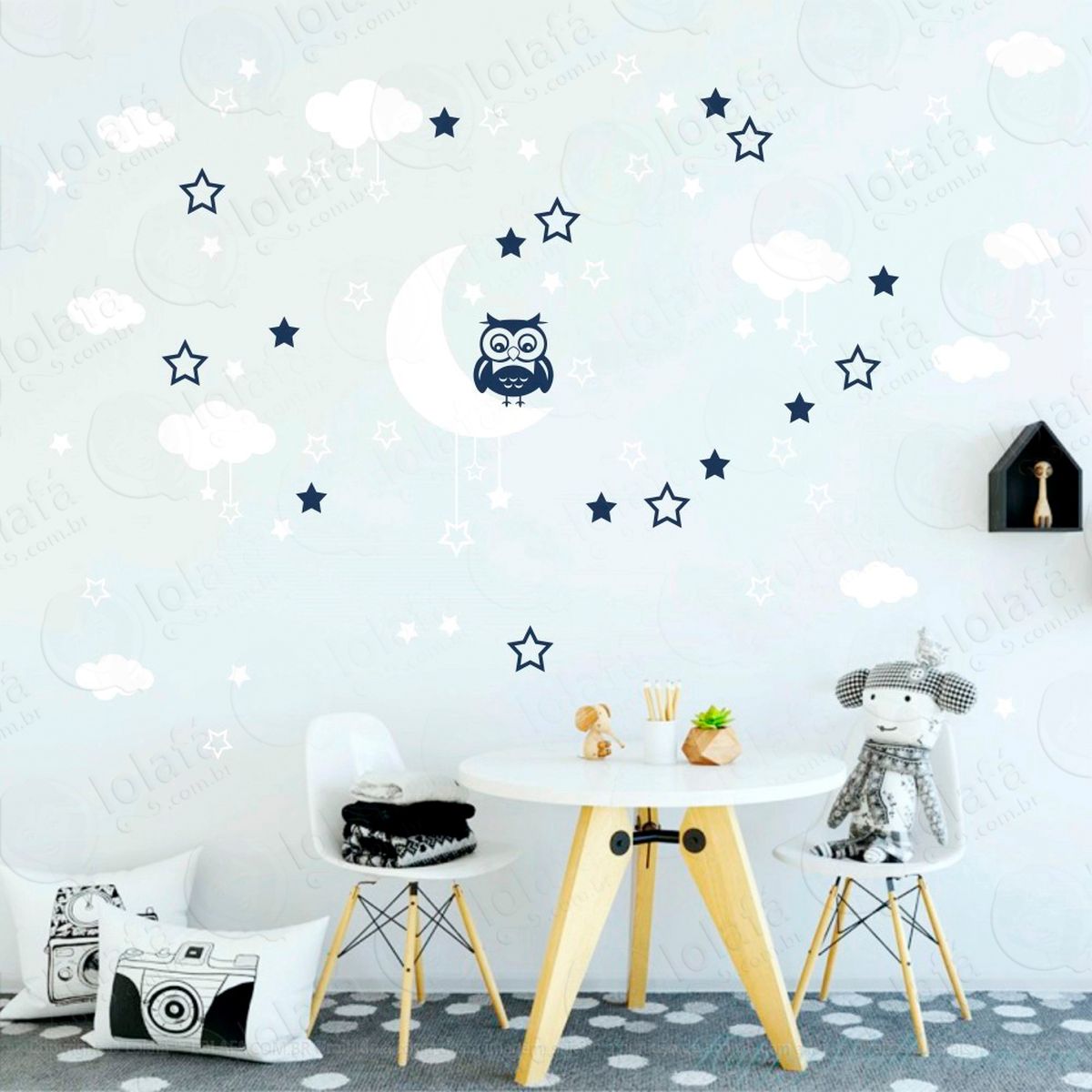 lua nuvens estrelas e coruja adesivos para quarto de bebê mod:191