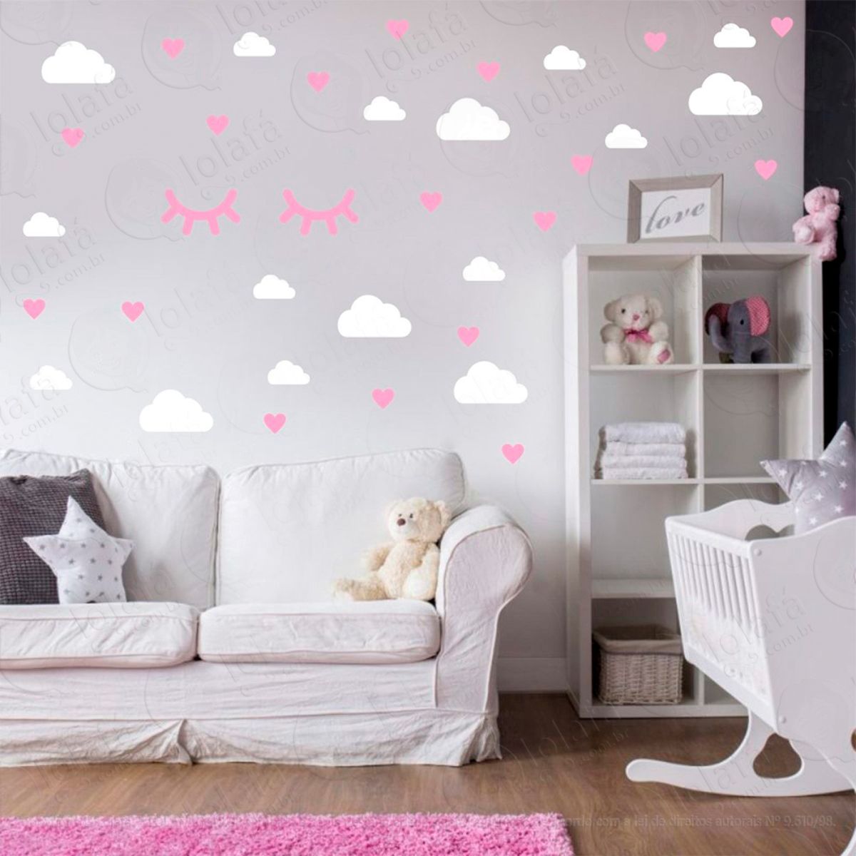 nuvens cílios e corações adesivos para quarto de bebê mod:540